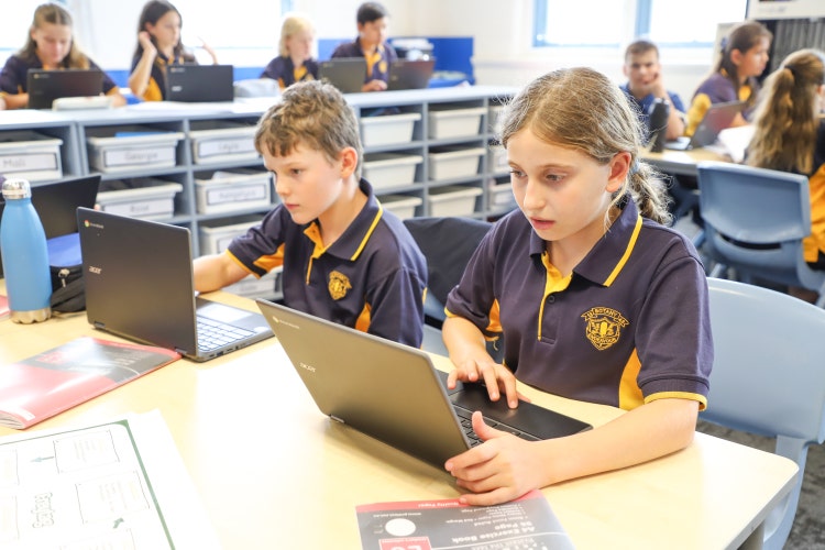 2 Stage 2 students working on laptops in the classroom
